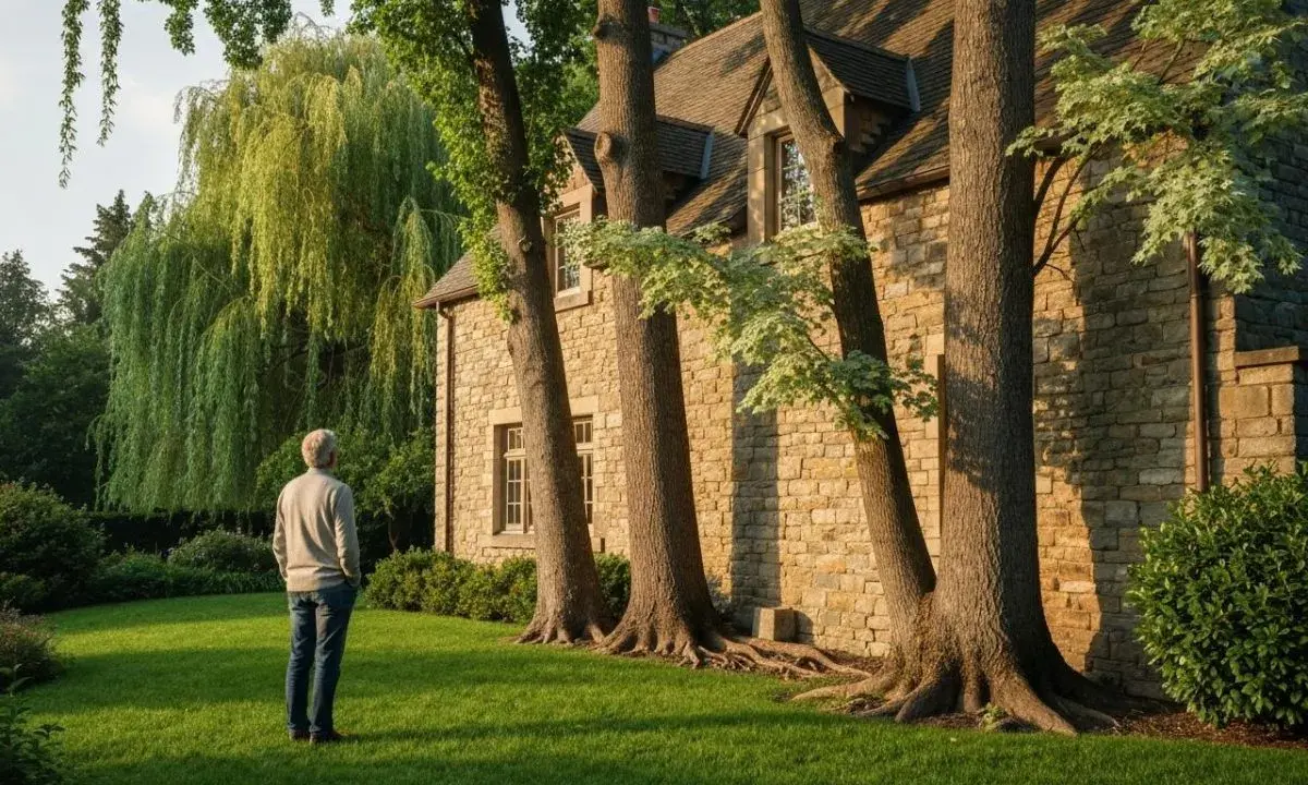 Un homme regarde un grand saule pleureur, son feuillage dense suggérant un danger caché. La maison en pierre est baignée de soleil.