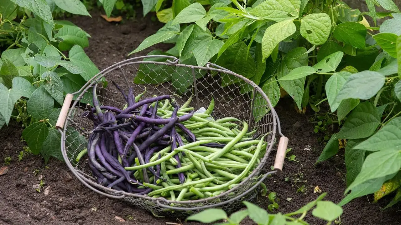 Panier de haricots verts et violets fraîchement cueillis dans une plantation de haricot vert grimpant.