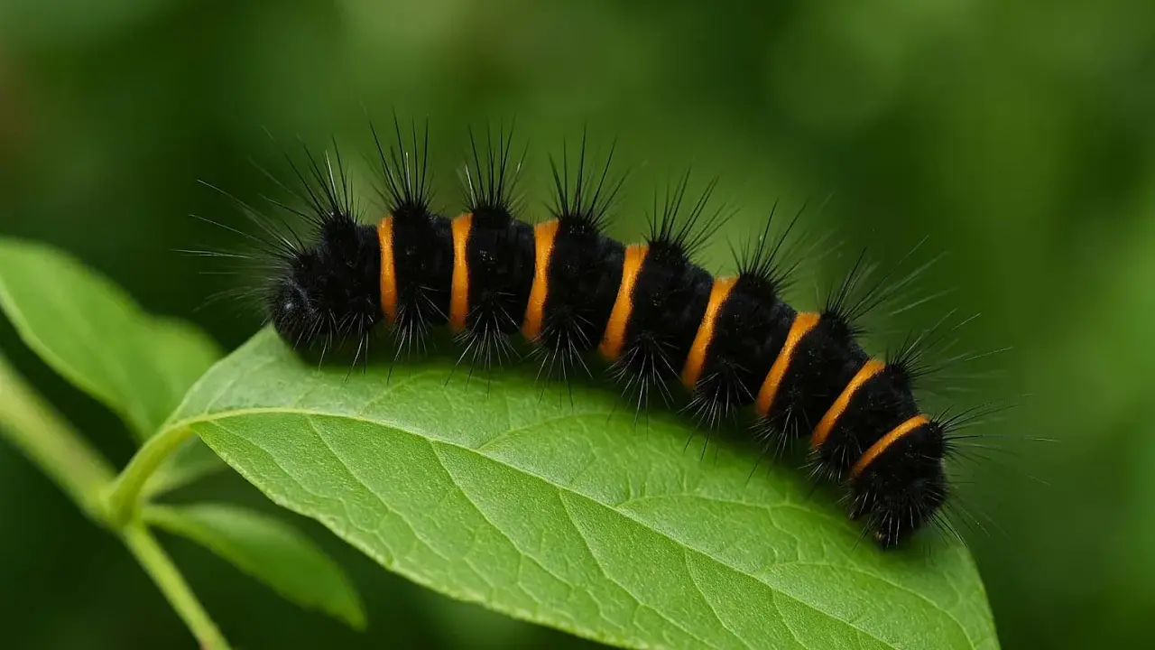 Une noctuelle petite chenille noire sans poil, aux rayures orange vif, se promène sur une feuille verte.