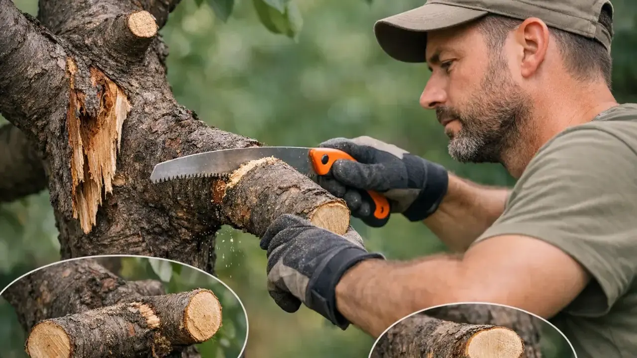 Un homme effectue la taille d'un cerisier, coupant une branche avec une scie. Gros plan sur les coupes nettes.