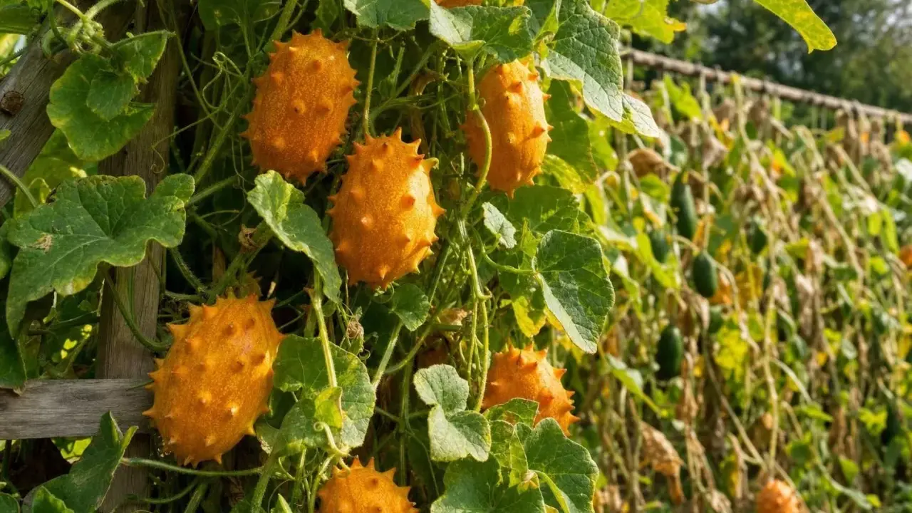 Des concombres kiwano, fruits épineux orange vif, poussent sur une treille. La culture du concombre est ici mise en avant.