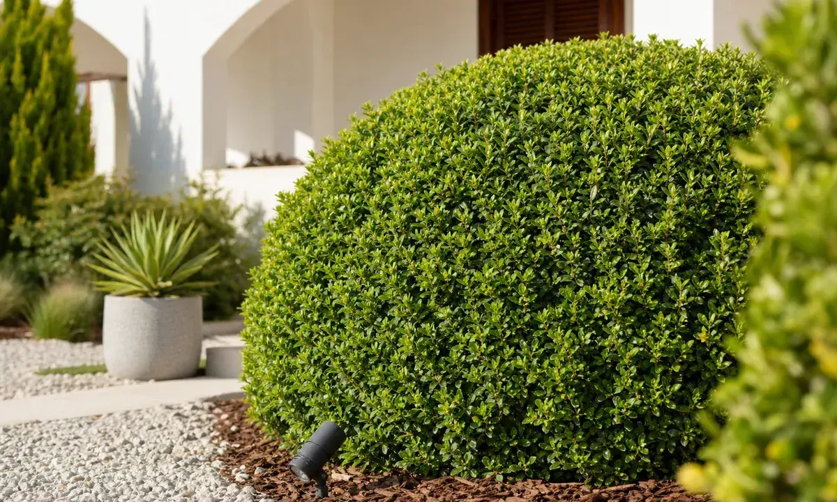 Un pittosporum bien taillé, prêt pour l'été. Un éclairage discret souligne sa forme arrondie.
