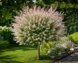 Un saule crevette aux feuilles roses et vertes, taillé en boule, trône dans un jardin verdoyant avec une pelouse bien entretenue.