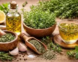 Huile infusée, tisane et herbes fraîches de la sarriette, prêtes à parfumer vos plats.
