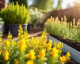 Des fleurs jaunes vives, des genêts, s'épanouissent dans un jardin ensoleillé. La taille du genet est parfaite pour ce parterre.