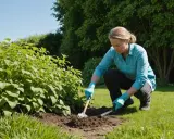 Jardinier travaillant le sol près d'une haie, peut-être pour lutter contre la renouée des oiseaux.