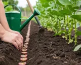 Mains plantent des fèves dans la terre, une ligne de graines prête à germer. Arrosoir vert et plants de fèves en arrière-plan.