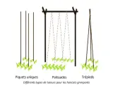 Trois méthodes de tuteur haricot vert grimpant : piquets, palissades et trépieds.