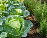 Légumes verts frais, choux et romarin dans un potager ensoleillé. L'arôme du romarin embaume le jardin.