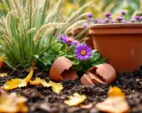 Des pots en terre cuite, des fleurs violettes et de l'herbe ornementale pour créer un jardin de pots. Des feuilles d'automne jonchent le sol.