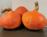 Trois courges orangées, peut-être pour illustrer la différence potiron et potimarron, avec leurs queues noueuses.