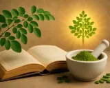 Branche de moringa plante, livre ouvert, mortier rempli de poudre verte et arbre lumineux.