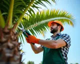 Un jardinier, casque orange et gants, utilise des sécateurs pour savoir comment tailler un palmier.