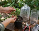 Mise en terre d'une bouture de rosier. Des mains insèrent une tige verte dans un pot de terreau, avec des ciseaux et une pelle à proximité.