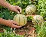 Mains récoltent des melons mûrs dans une plantation. Les fruits sont sur le sol, entourés de feuilles vertes et de pailles.