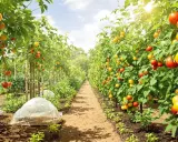 Rangées de plants de tomate roma sans tuteur, chargés de fruits rouges et jaunes, sous un soleil éclatant.