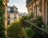 Un balcon parisien fleuri, une véritable oasis de verdure et de roses, offrant une vue sur les toits. Une belle plante balcon toute l'année.