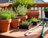 Plusieurs pots de thym en terre cuite et en plastique, prêts à être plantés sur une terrasse ensoleillée. Des outils de jardinage sont à proximité.