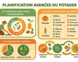 Tableau de planification du potager : calendrier des semis, associations de plantes compagnes et rotation des cultures.