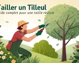 Un jardinier taille un tilleul adulte avec des sécateurs, entouré de fleurs et de verdure.