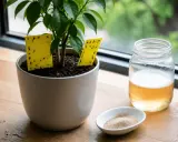 Pièges jaunes collants pour moucherons sur une plante, à côté d'un bocal de liquide et d'une coupelle de bicarbonate.