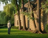 Un homme regarde un grand saule pleureur, son feuillage dense suggérant un danger caché. La maison en pierre est baignée de soleil.