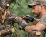Un homme effectue la taille d'un cerisier, coupant une branche avec une scie. Gros plan sur les coupes nettes.