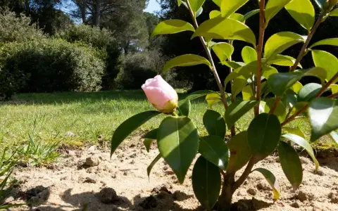Un bouton de camélia fleur rose pâle se dresse sur sa tige verte, prêt à éclore dans un jardin ensoleillé.