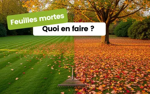 Un râteau attend patiemment sur une pelouse parsemée de feuilles mortes. L'automne est là, prêt à nous faire ramasser les feuilles mortes.