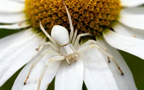 Une araignée blanche, camouflée sur une marguerite, attend patiemment sa proie.