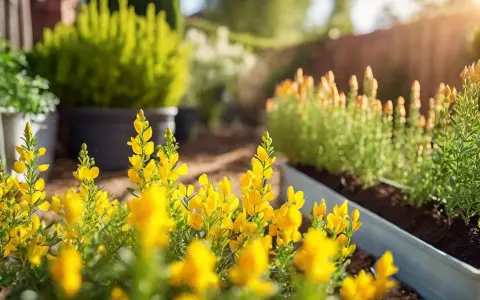 Des fleurs jaunes vives, des genêts, s'épanouissent dans un jardin ensoleillé. La taille du genet est parfaite pour ce parterre.