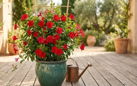 Un dipladenia en jardinière, aux fleurs rouges éclatantes, est prêt à être arrosé dans un décor méditerranéen.