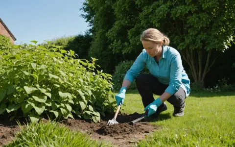 Jardinier travaillant le sol près d'une haie, peut-être pour lutter contre la renouée des oiseaux.