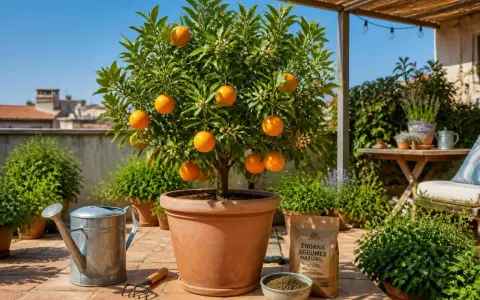Un bel oranger en pot, chargé de fruits mûrs et de fleurs, prêt à être nourri avec de l'engrais naturel.