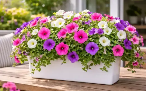 Un pot blanc débordant de pétunias surfinia aux couleurs vives : rose, violet et blanc. Ces fleurs illuminent une terrasse en bois.