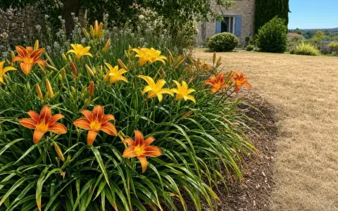 Un parterre de hémérocalles orange et jaunes, plantes vivaces qui fleurissent de mai à octobre, borde une pelouse sèche.
