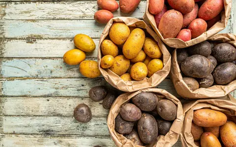 Une variété de pommes de terre, rouges, jaunes et violettes, débordent de sacs en papier sur une table en bois vieilli.