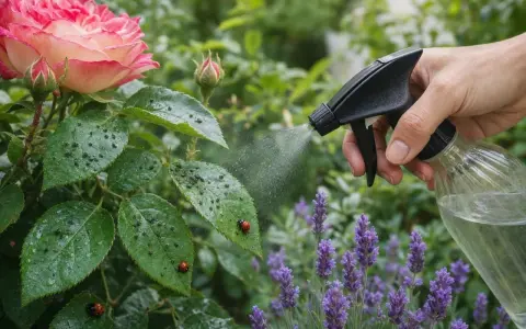 Main d'une personne pulvérisant de l'eau sur des feuilles de rosier infestées de pucerons rosier. Des coccinelles sont présentes.