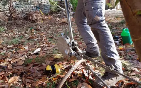 Un homme utilise un treuil pour tenter de comment enlever une souche d'arbre manuellement. Des feuilles mortes jonchent le sol.