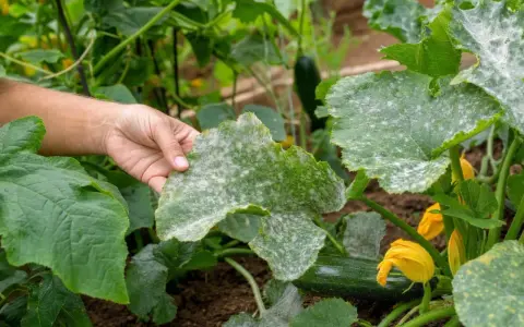 Main d'un jardinier examinant une feuille de courgette atteinte de mildiou. Des taches blanches poudreuses recouvrent la surface.