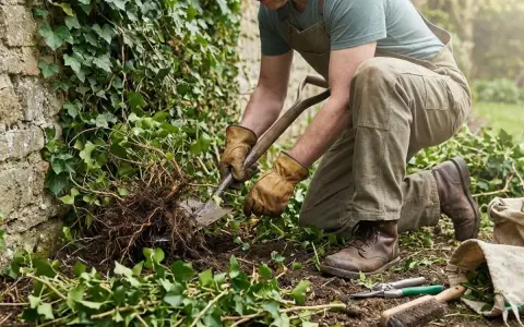 Un jardinier utilise une pelle pour déterrer un lierre envahissant. Il montre comment se débarrasser du lierre en retirant ses racines.