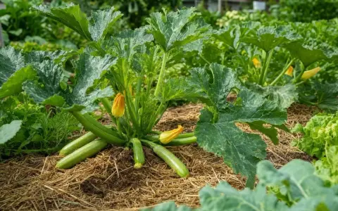 Courgettes vertes et fleurs jaunes sur un paillis de paille. On se demande jusqu'à quand planter des courgettes pour une récolte abondante.