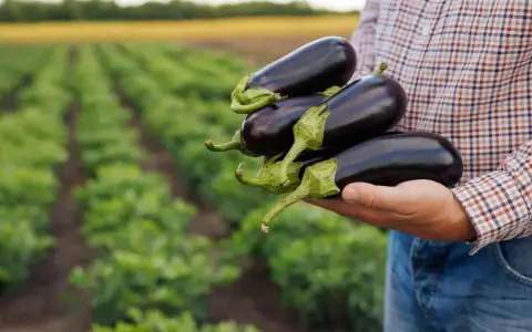 Main d'un agriculteur tenant plusieurs aubergines fraîchement cueillies dans son potager.
