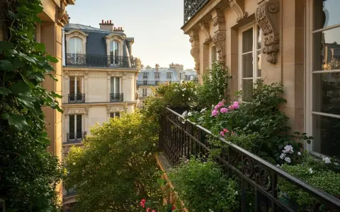Un balcon parisien fleuri, une véritable oasis de verdure et de roses, offrant une vue sur les toits. Une belle plante balcon toute l'année.