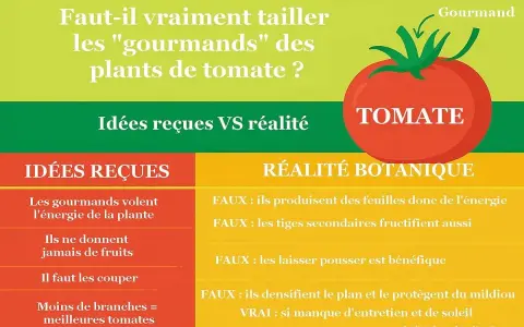 Infographie sur la taille des gourmands de plants de tomate. Elle compare idées reçues et réalité botanique, avec une tomate rouge et une flèche indiquant un gourmand.