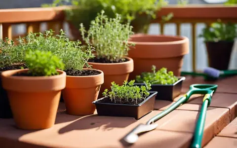 Plusieurs pots de thym en terre cuite et en plastique, prêts à être plantés sur une terrasse ensoleillée. Des outils de jardinage sont à proximité.