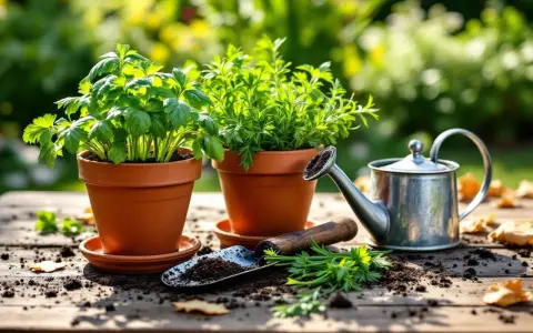 Deux pots de basilic sur une table en bois, avec une petite arrosoir et une pelle à terre.
