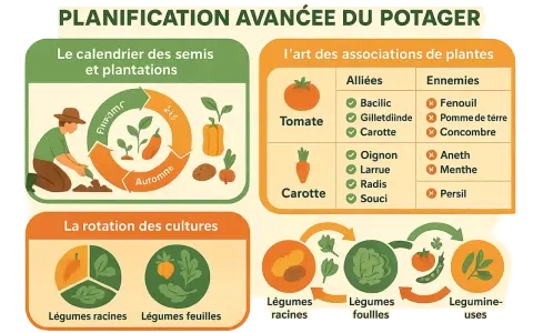 Tableau de planification du potager : calendrier des semis, associations de plantes compagnes et rotation des cultures.