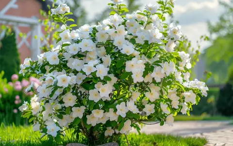 Un arbuste de seringat taille généreusement, couvert de fleurs blanches parfumées, illumine un jardin ensoleillé.