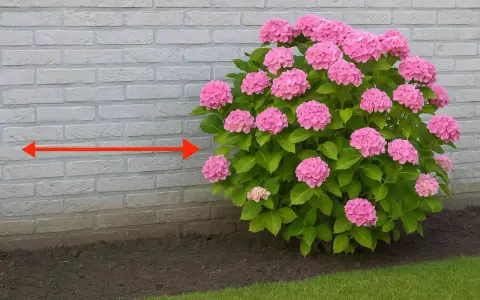 Un hortensia rose luxuriant près d'un mur de briques. La distance suggérée pour planter un hortensia d'un mur est indiquée par une flèche rouge.
